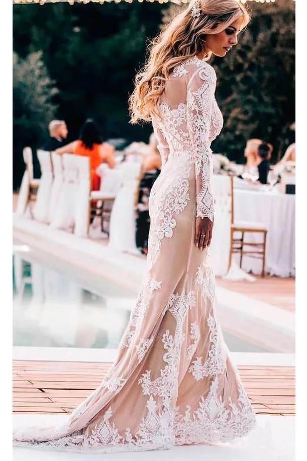 Vintage Long Sleeve Mermaid Lace Applique Wedding Dresses PDN93