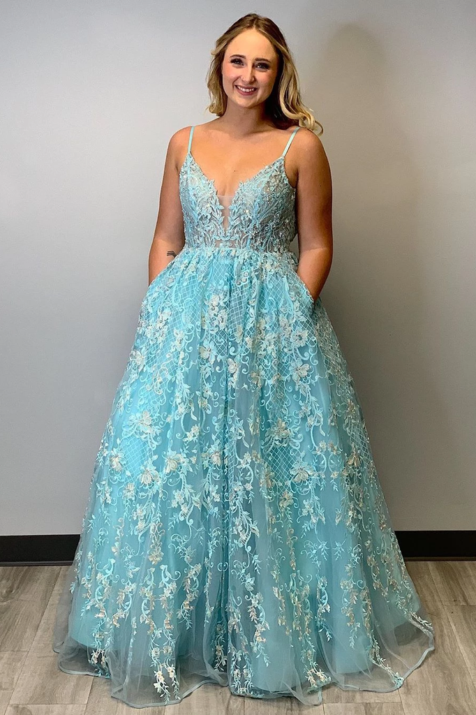 A-line Spaghetti Straps Lace Appliques Prom Dress Modest Long Evening Dress With Pockets PDS19