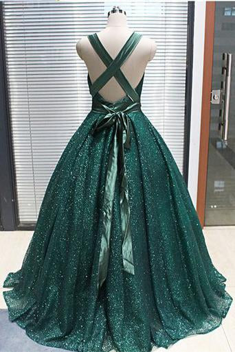 A-line V neck Dark Green Sequined Long Prom Dresses Sparkly Evening Party Dresses PDS18