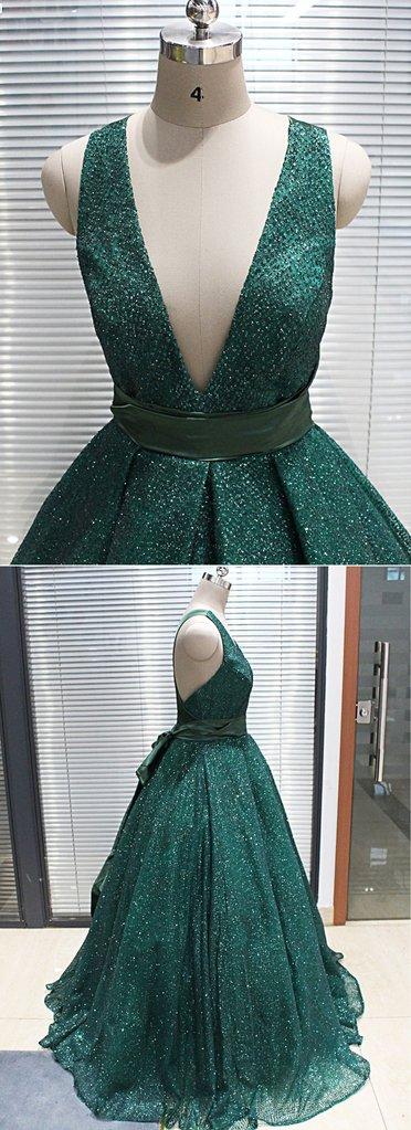A-line V neck Dark Green Sequined Long Prom Dresses Sparkly Evening Party Dresses PDS18