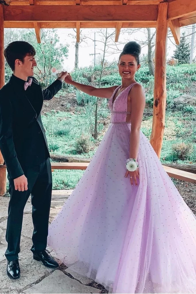 A-line V Neck Sexy Long Lilac Prom Dresses Tulle Formal Dress PDS20