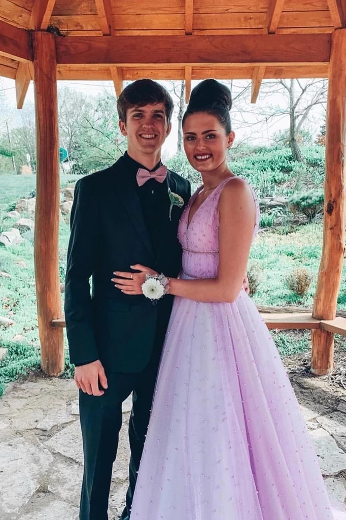 A-line V Neck Sexy Long Lilac Prom Dresses Tulle Formal Dress PDS20