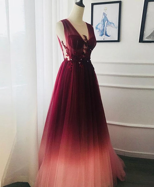 A-line Appliques Burgundy Tulle Long Prom Dresses Formal Evening Dress PDS22