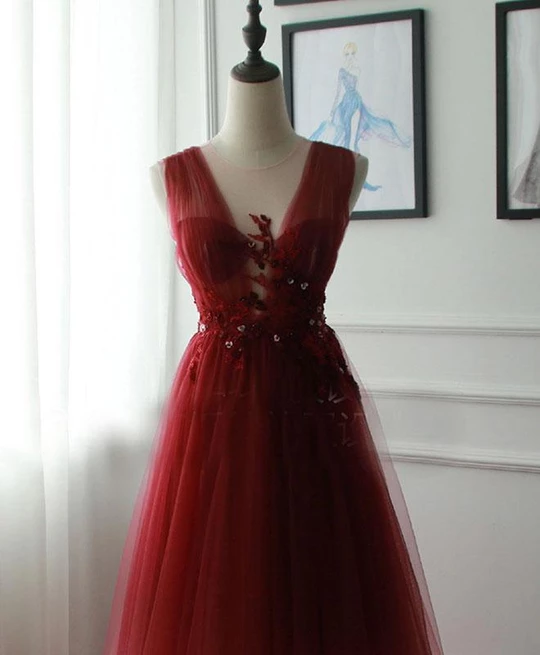 A-line Appliques Burgundy Tulle Long Prom Dresses Formal Evening Dress PDS22