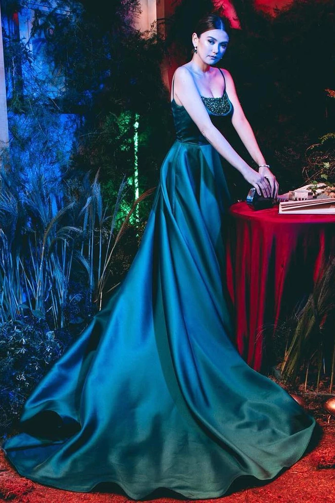 A-line Spaghetti Straps Dark Green Long Prom Dresses Evening Dress PDS21