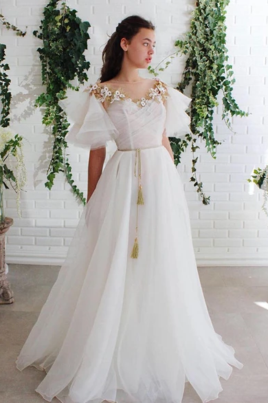 A-line Off White Short Sleeves Long Prom Dresses Organza Evening Dress trendtydresses A-line Off White Short Sleeves Long Prom Dresses Organza Evening Dress trendtydresses