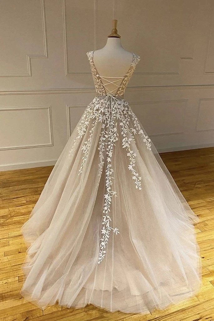 A-line Scoop Lace Appliques Long Prom Dresses Cheap Evening Dress PDS92