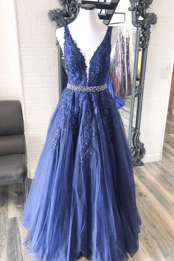 A-line V neck Royal Blue Lace Appliques Long Prom Dresses Tulle Evening Dress PDS95