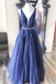 A-line V neck Royal Blue Lace Appliques Long Prom Dresses Tulle Evening Dress PDS95