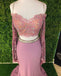Chic Sheath Spaghetti Straps Pink Long Sleeves Prom Dresses Evening Dress PDT1