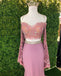 Chic Sheath Spaghetti Straps Pink Long Sleeves Prom Dresses Evening Dress PDT1