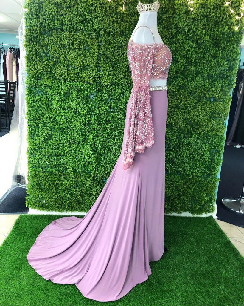 Chic Sheath Spaghetti Straps Pink Long Sleeves Prom Dresses Evening Dress PDT1