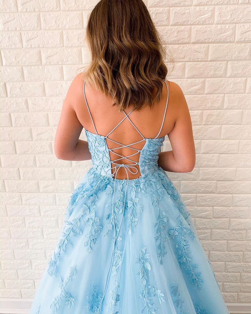 New Arrival A-line Spaghetti Straps Lace Appliques Long Blue Prom Dresses PDT5