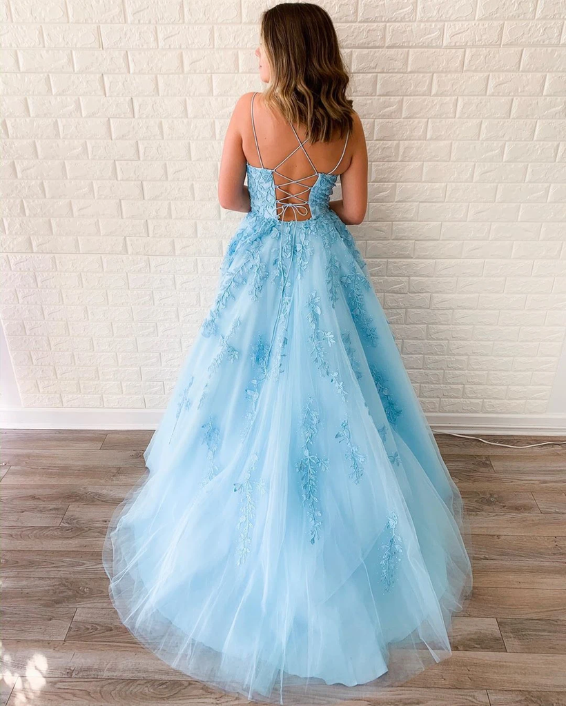 New Arrival A-line Spaghetti Straps Lace Appliques Long Blue Prom Dresses PDT5