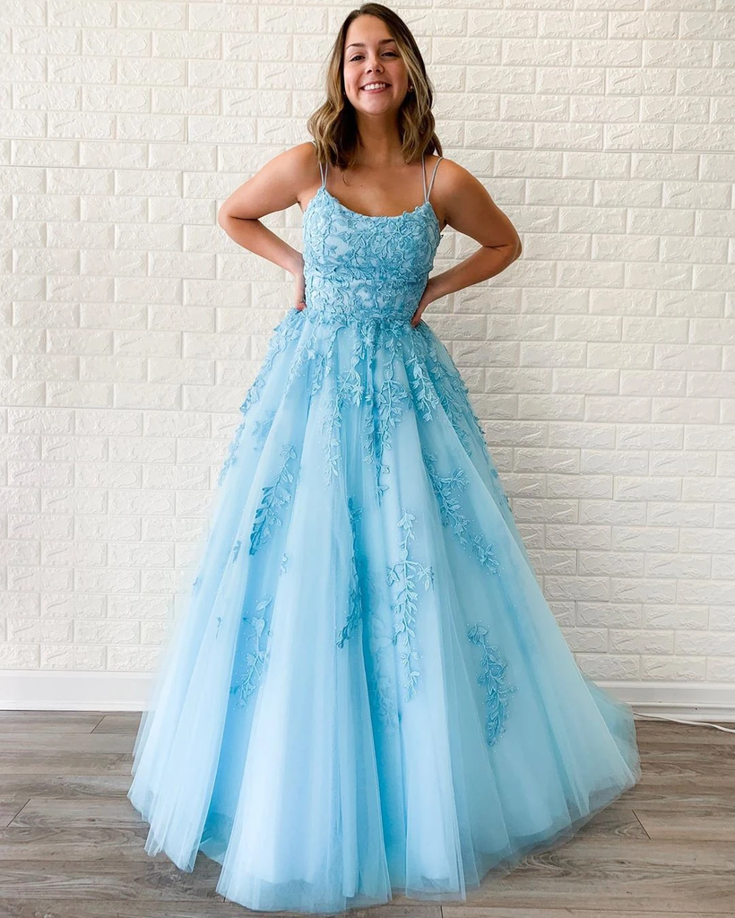 New Arrival A-line Spaghetti Straps Lace Appliques Long Blue Prom Dresses PDT5