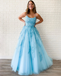 New Arrival A-line Spaghetti Straps Lace Appliques Long Blue Prom Dresses PDT5