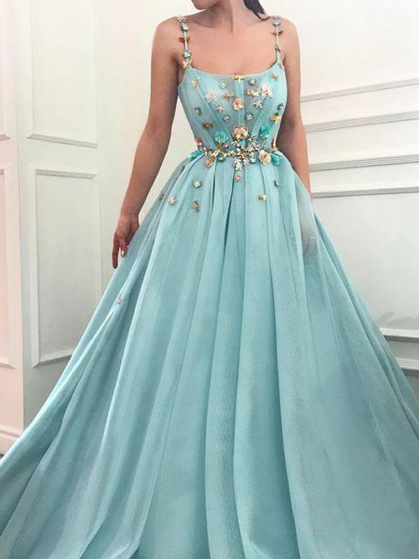 A-line Spaghetti Straps Flowers Long Prom Dresses Tulle Evening Dress PDT6