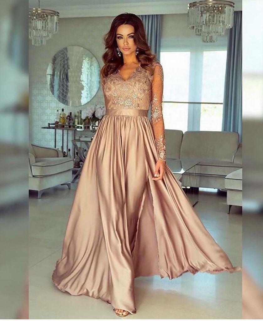 A-line V neck Long Sleeves Prom Dresses Lace Appliques Formal Gowns PDR73