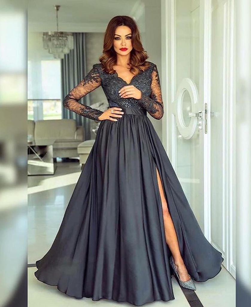 A-line V neck Long Sleeves Prom Dresses Lace Appliques Formal Gowns PDR73