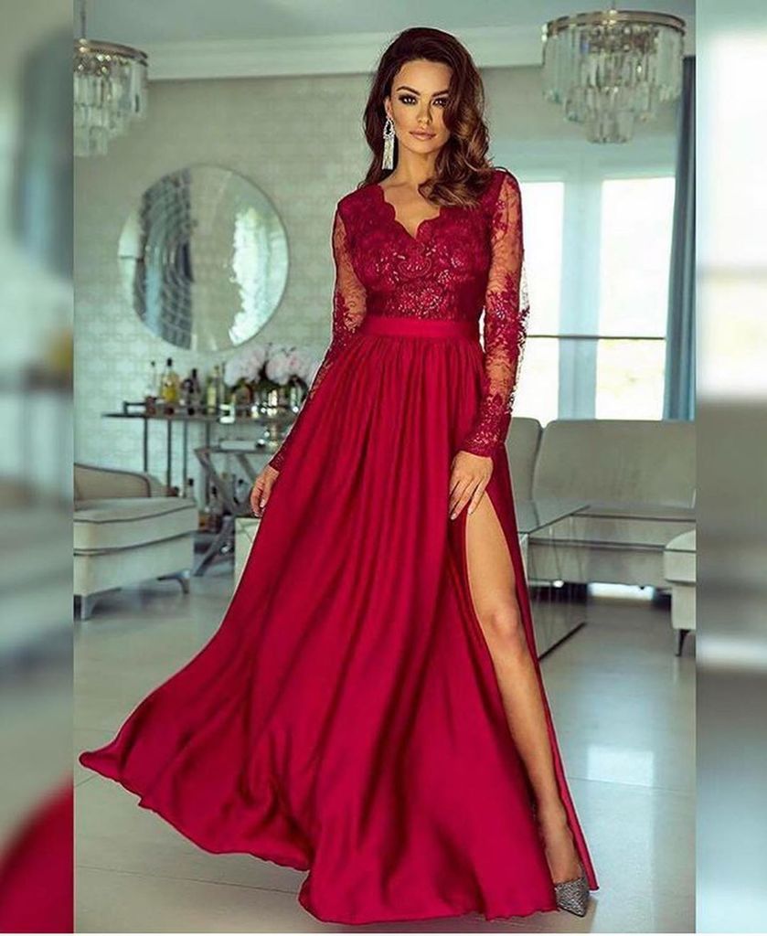 A-line V neck Long Sleeves Prom Dresses Lace Appliques Formal Gowns PDR73