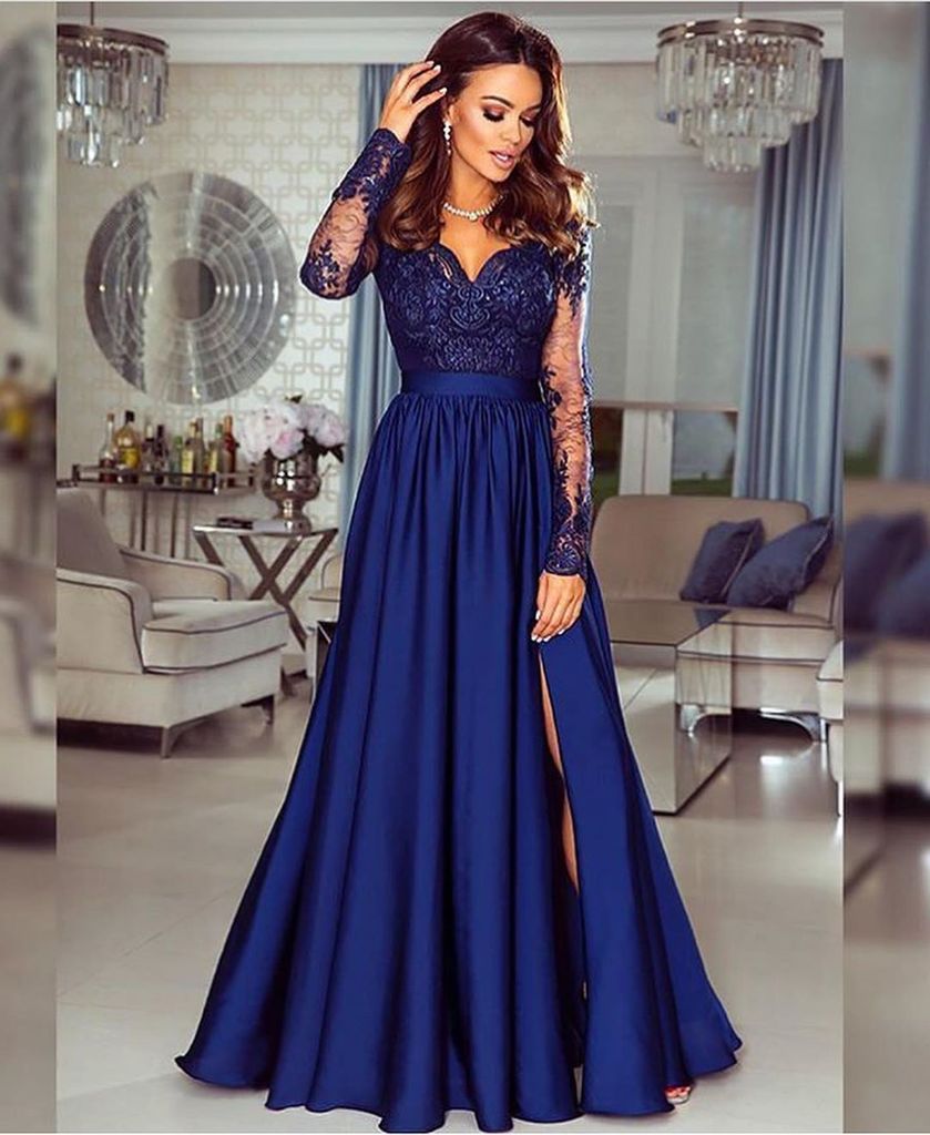 A-line V neck Long Sleeves Prom Dresses Lace Appliques Formal Gowns PDR73