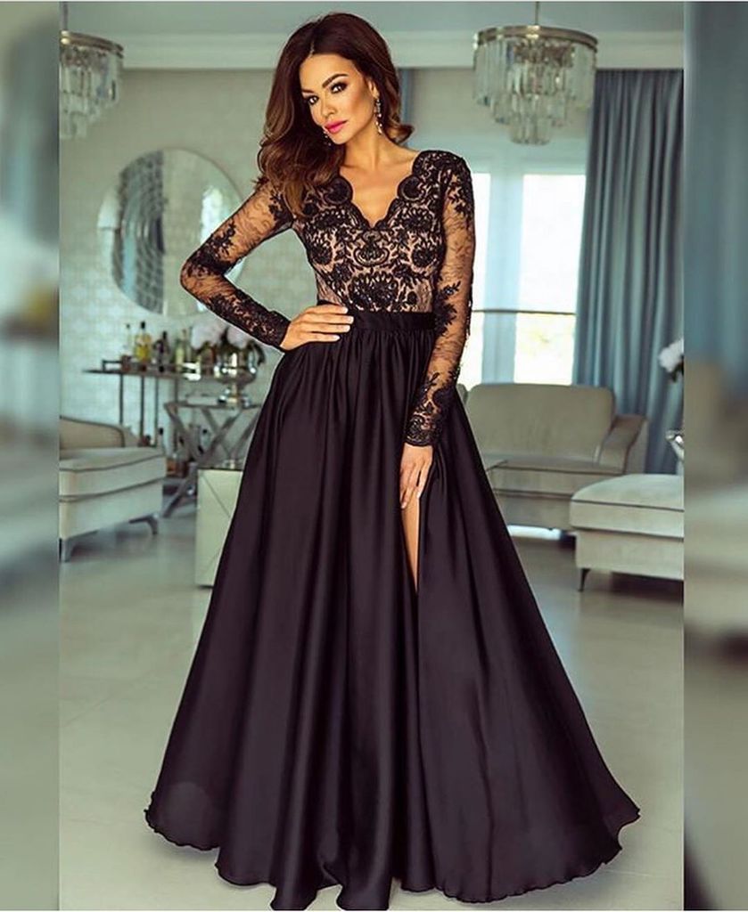 A-line V neck Long Sleeves Prom Dresses Lace Appliques Formal Gowns PDR73