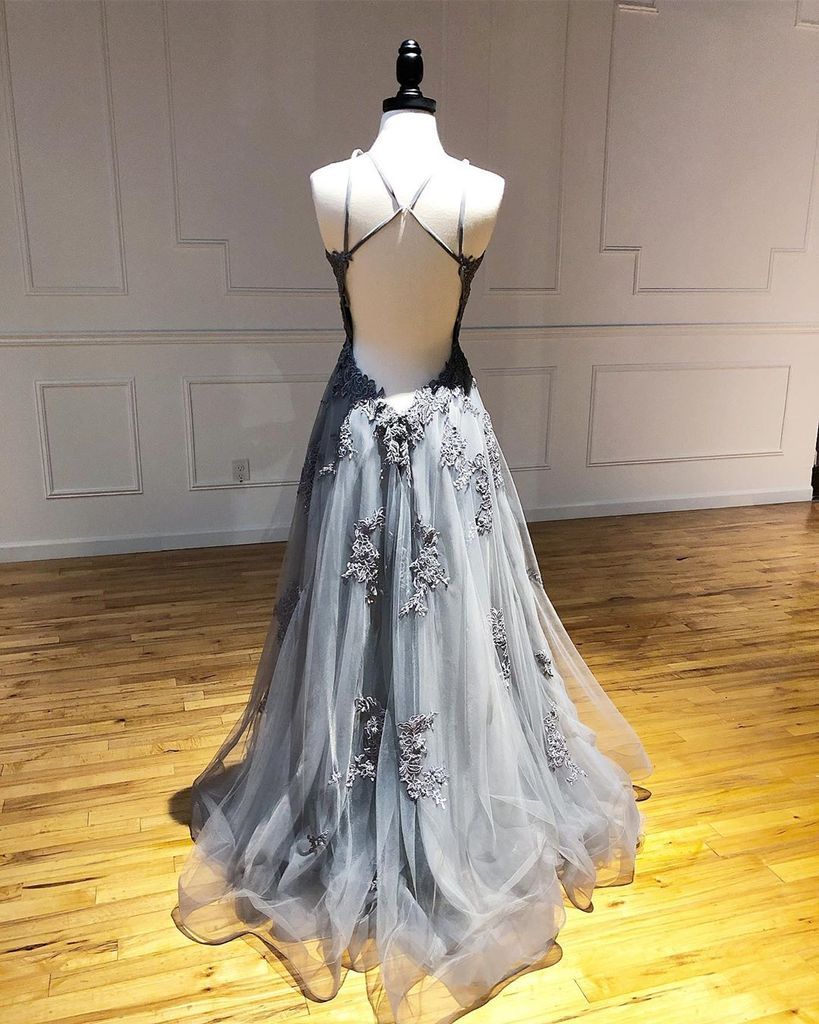 A-line Spaghetti Straps Lace Appliques Grey Tulle Long Prom Dresses Party Dresses PDR70
