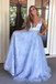A-line V neck Applique Beading Sky Blue Tulle Long Prom Dresses Party Dresses PDR68
