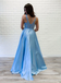 A-line V neck Lace Appliques Long Satin Prom Dresses Blue Evening Party Dresses PDR67