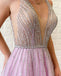 A-line V Neck Lilac Long Prom Dresses Tulle Beaded Evening Gowns PDR64