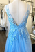 A-line V Neck Blue Long Prom Dresses Applique Tulle Evening Dresses PDR63