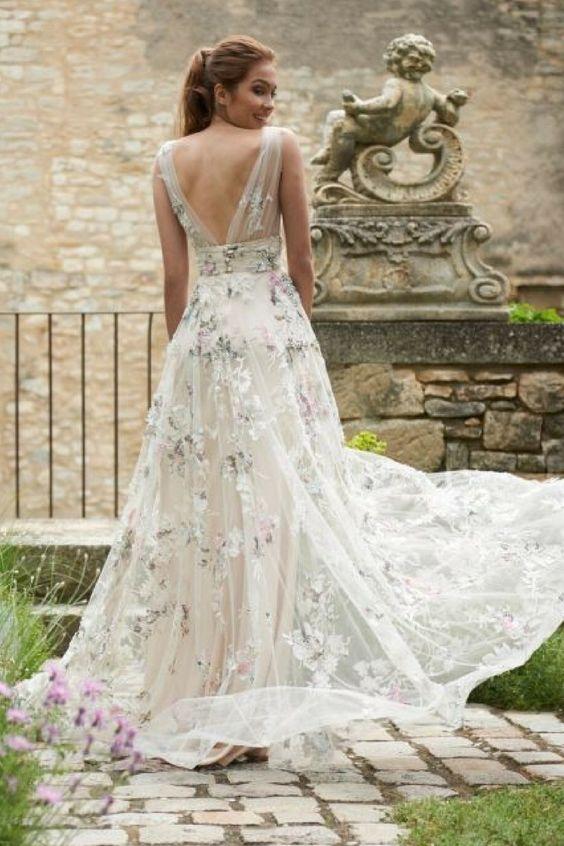 A Line V Neck Lace Appliques Long Off White Prom Dresses Evening Dresses PDR48