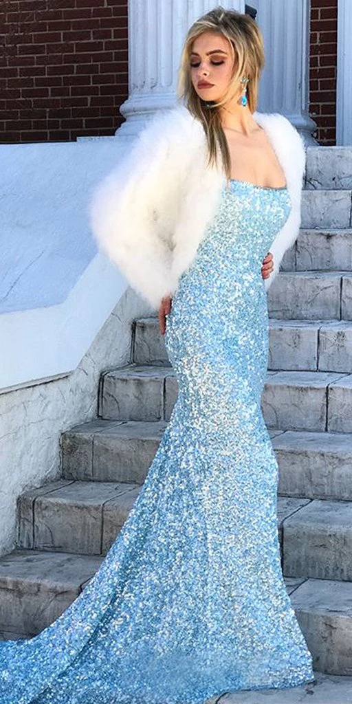 Mermaid Sky Blue Sequins Long Prom Dress Cheap Evening Dresses PDR57