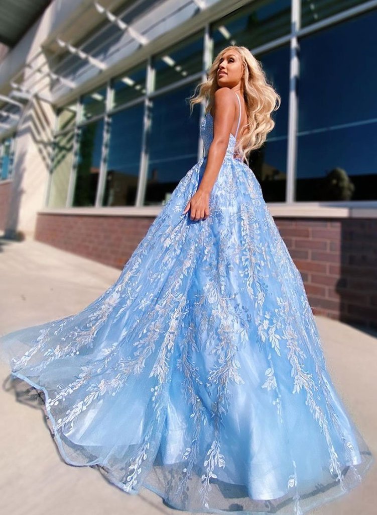 A-line Spaghetti Straps Lace Appliques Sky Blue Long Prom Dresses Evening Dresses PDR51