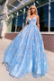 A-line Spaghetti Straps Lace Appliques Sky Blue Long Prom Dresses Evening Dresses PDR51