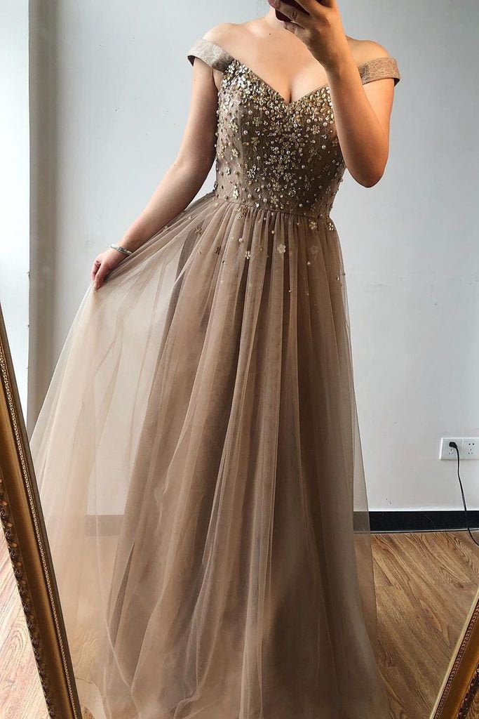 A-line Off-the-shoulder Beaded Long Prom Dresses Brown Evening Gowns PDS72