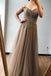 A-line Off-the-shoulder Beaded Long Prom Dresses Brown Evening Gowns PDS72