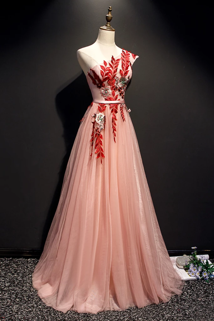 A Line Pink One Shoulder Tulle Red Applique Long Prom Dress Evening Dress PDR97