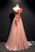 A Line Pink One Shoulder Tulle Red Applique Long Prom Dress Evening Dress PDR97