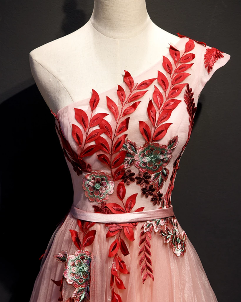 A Line Pink One Shoulder Tulle Red Applique Long Prom Dress Evening Dress PDR97