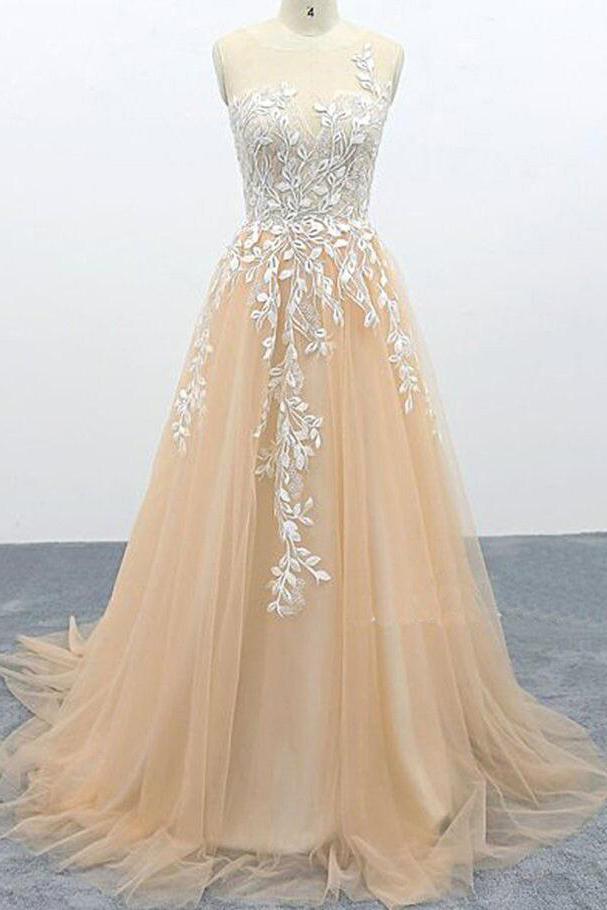 A Line Tulle Lace Appliques Sweep Train Evening Dress Senior Prom Dress PDS1