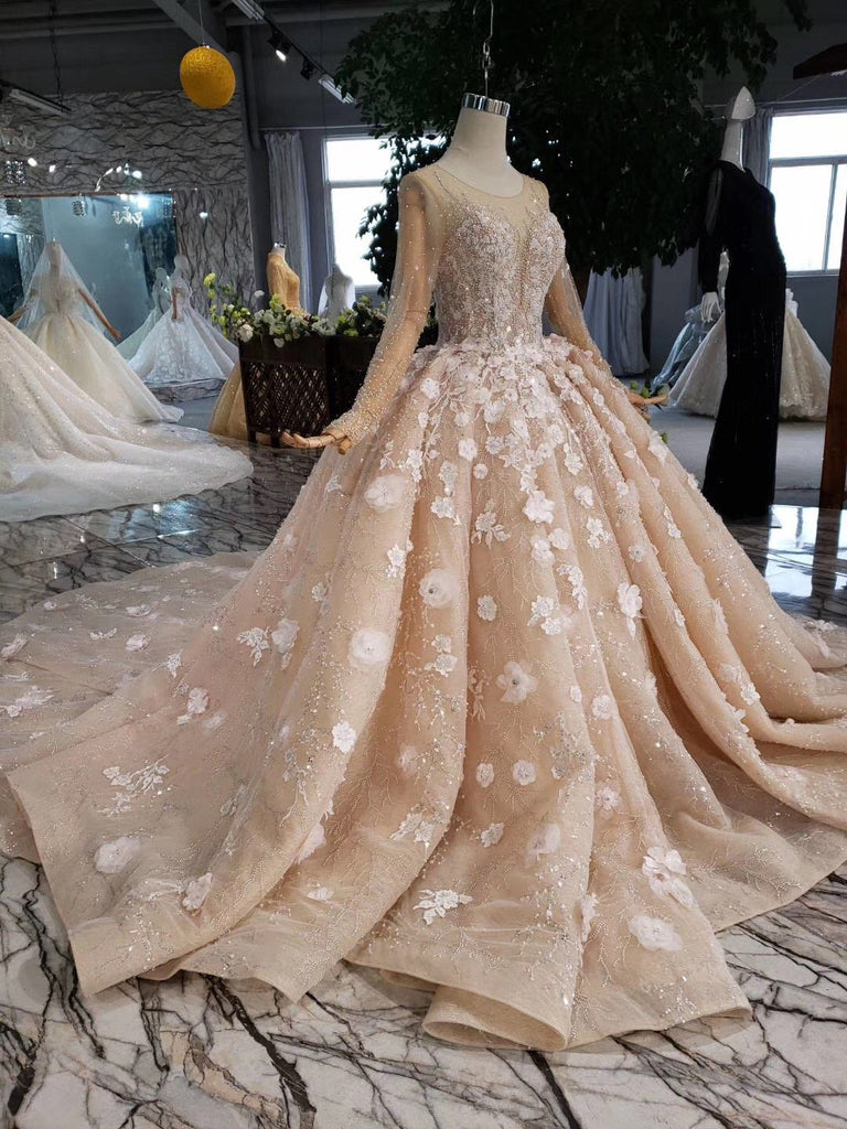 Princess Long Sleeves Ball Gown Wedding Dresses, Floral Appliques Wedding Gown PDJ95