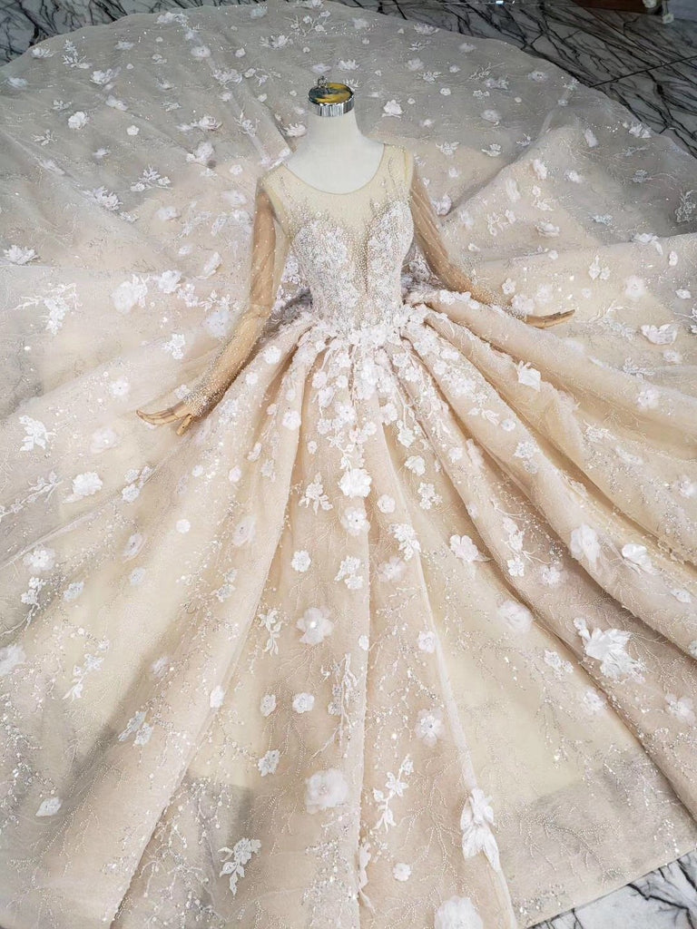 Princess Long Sleeves Ball Gown Wedding Dresses, Floral Appliques Wedding Gown PDJ95