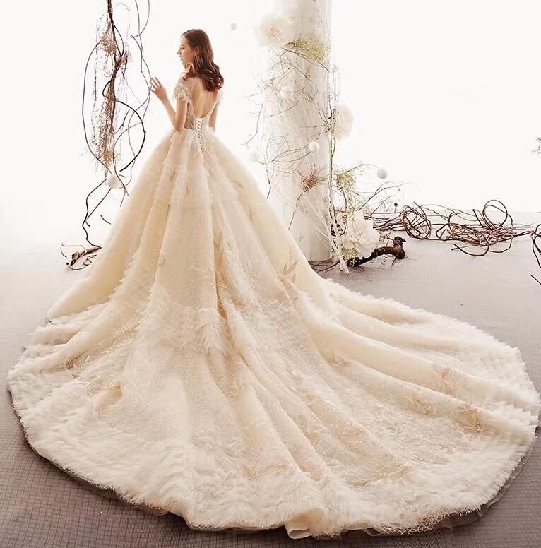 Princess High Neck Ball Gown Wedding Dresses, Short Sleeves Bridal Dress PDK1