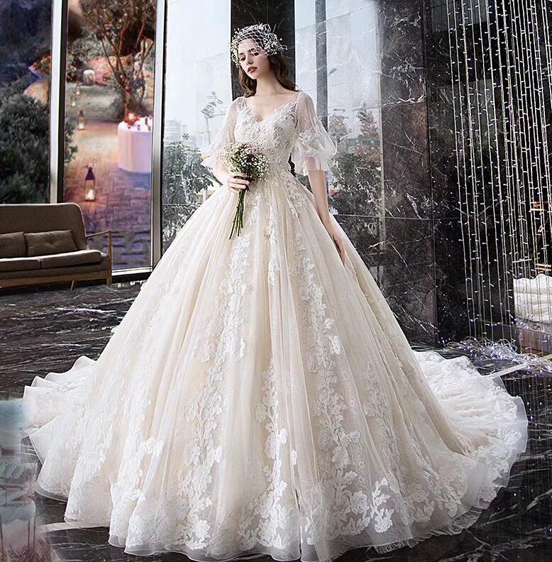 Charming Half Sleeves Ball Gown Wedding Dresses, Appliques V Neck Bridal Dress PDK2