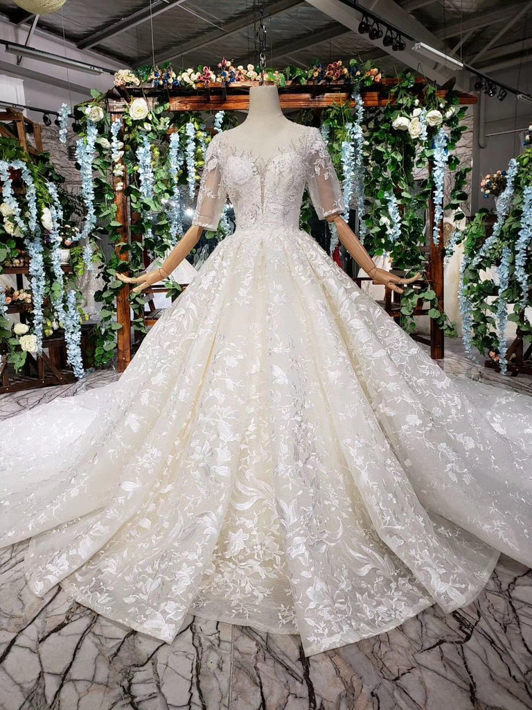 Lace Half Sleeves Ball Gown Wedding Dresses, Fashion Beading Big Wedding Gown PDK3