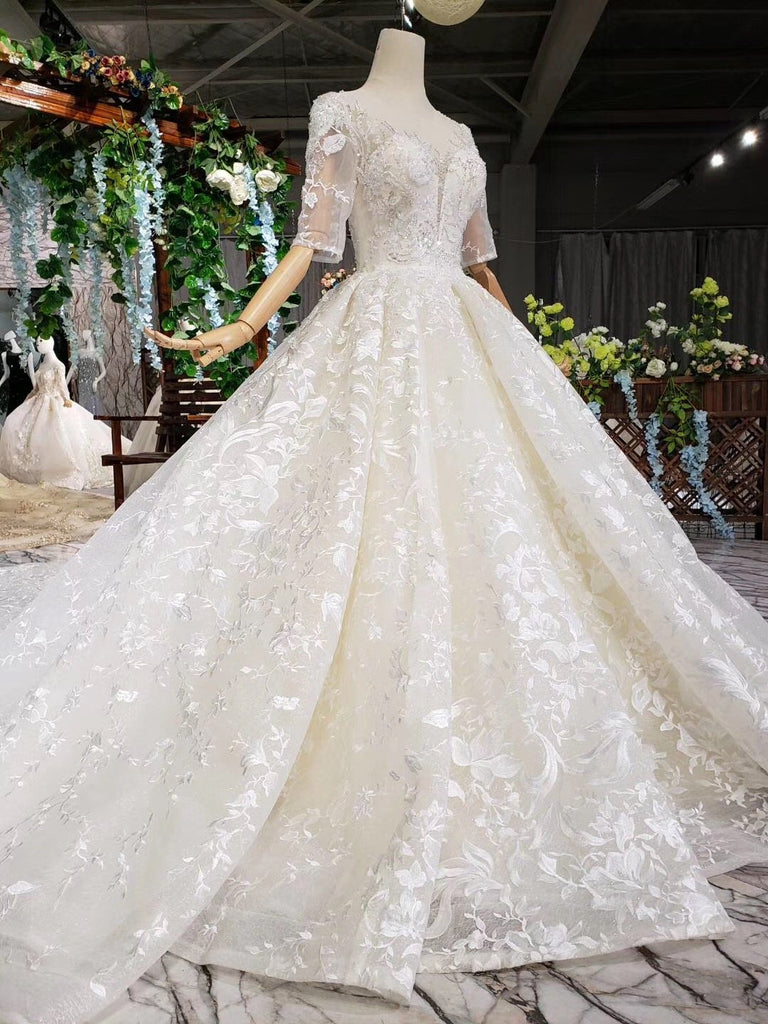 Lace Half Sleeves Ball Gown Wedding Dresses, Fashion Beading Big Wedding Gown PDK3