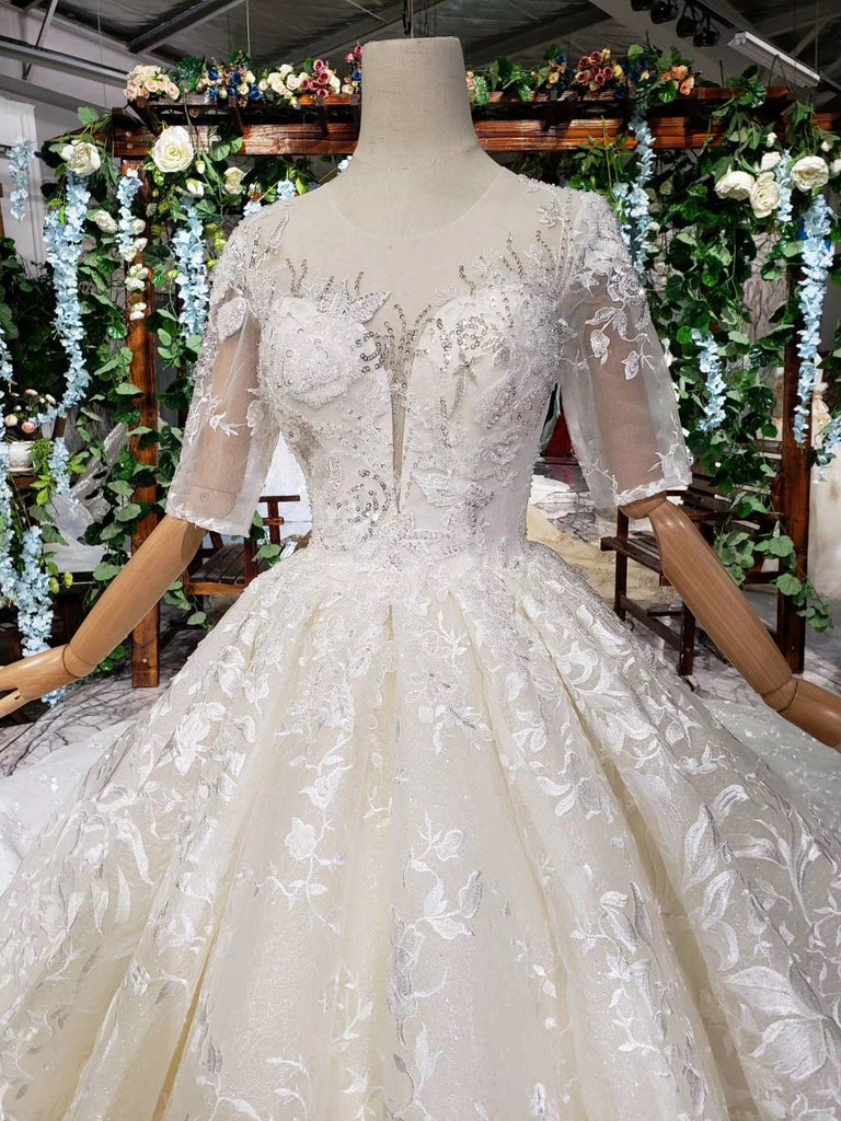 Lace Half Sleeves Ball Gown Wedding Dresses, Fashion Beading Big Wedding Gown PDK3