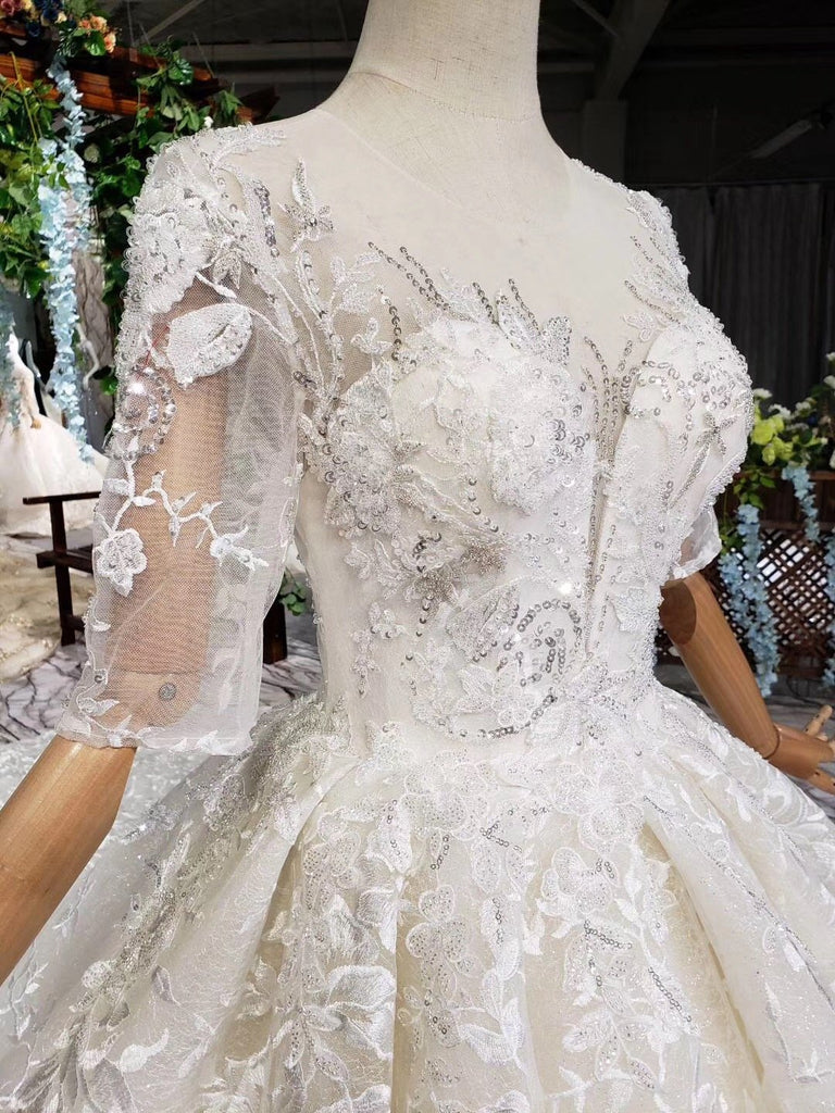 Lace Half Sleeves Ball Gown Wedding Dresses, Fashion Beading Big Wedding Gown PDK3