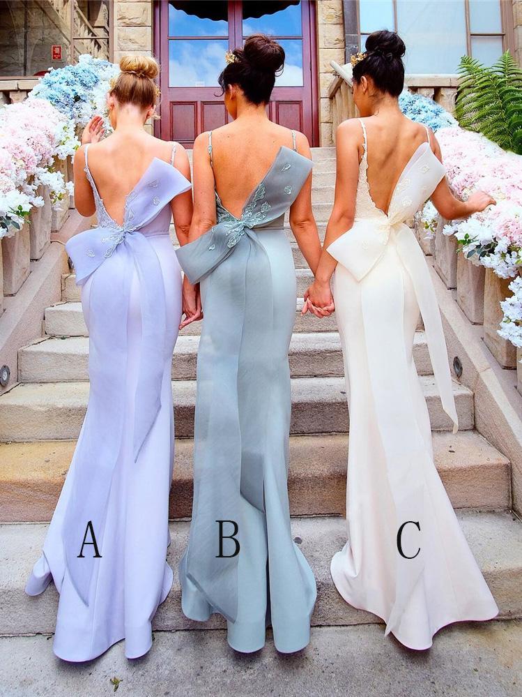 Appliqued Straps Mermaid Bridesmaid Dress with Bow PDN4